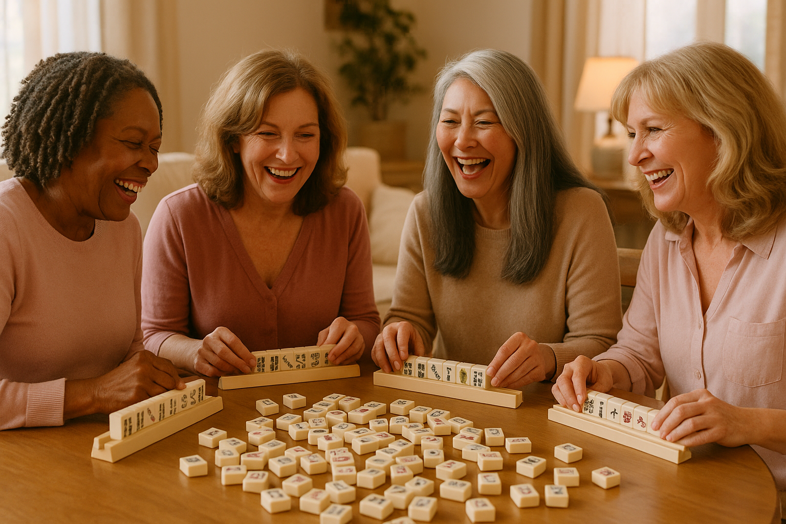 Group of women in their 40s-60s laughing around a Mahjong table