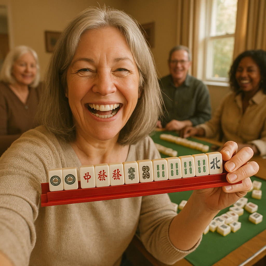 Selfie-style photo of Susan holding a winning Mahjong rack