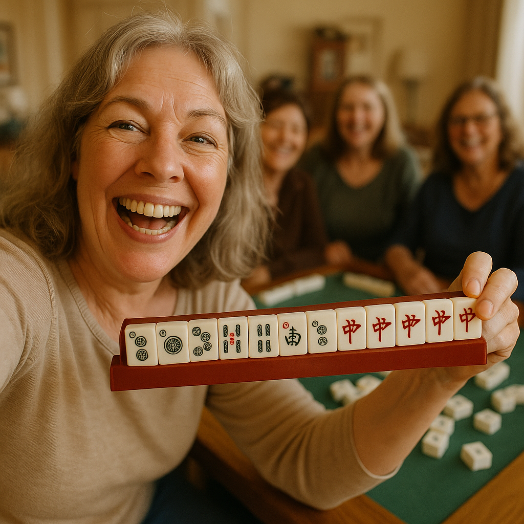 Selfie-style photo of Marina holding a Mahjong rack