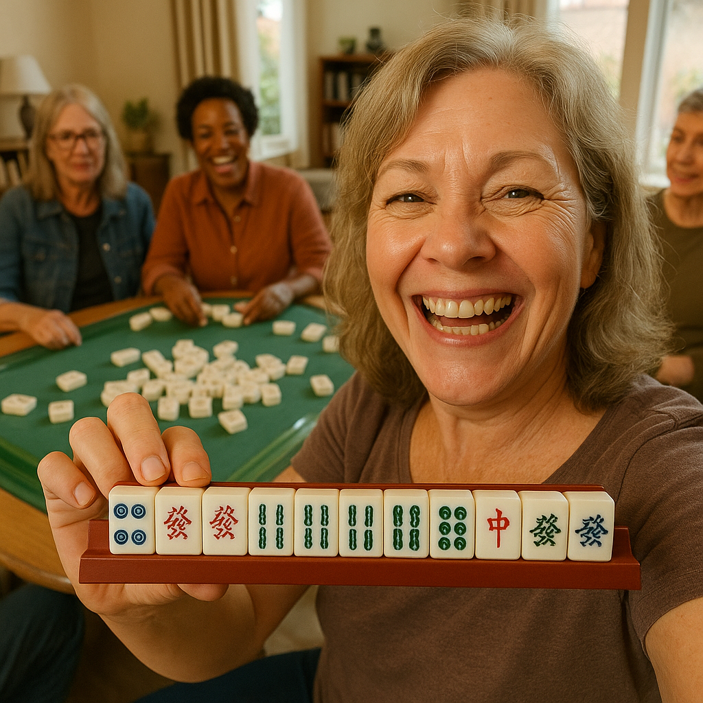 Selfie-style photo of Denise smiling with her Mahjong rack
